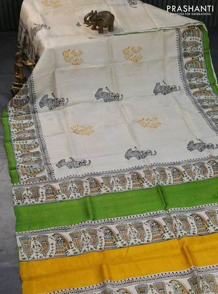 Bishnupuri silk saree cream and green with butta prints and printed border