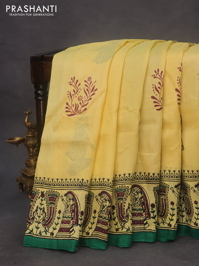 Bishnupuri silk saree yellow and green with butta prints and printed border