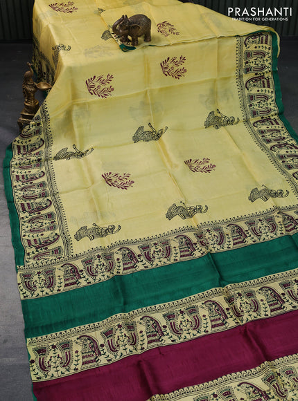 Bishnupuri silk saree yellow and green with butta prints and printed border