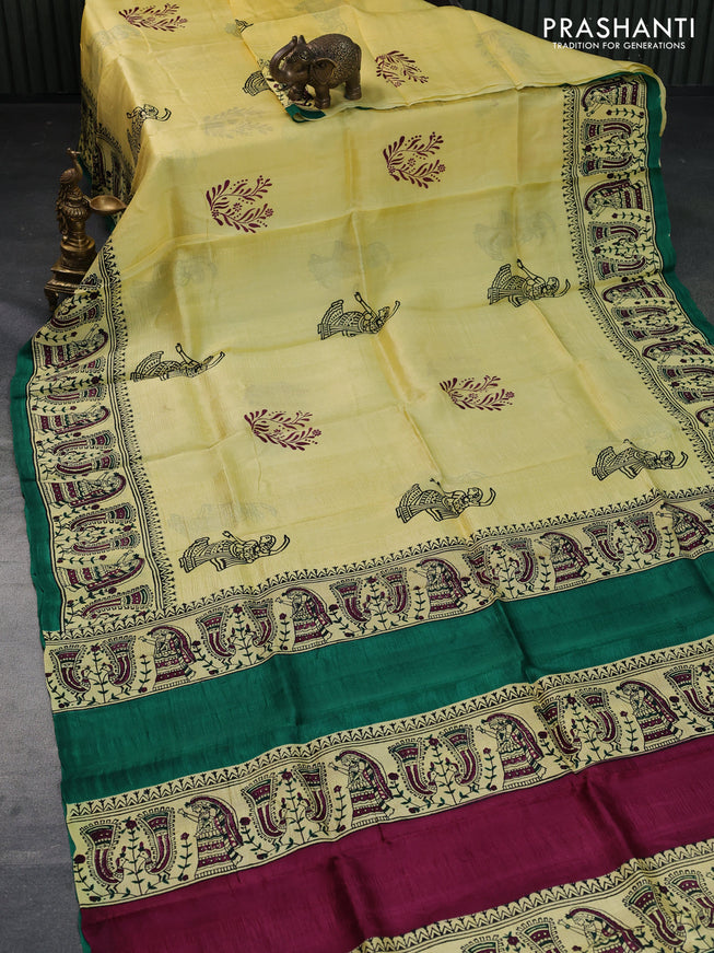 Bishnupuri silk saree yellow and green with butta prints and printed border