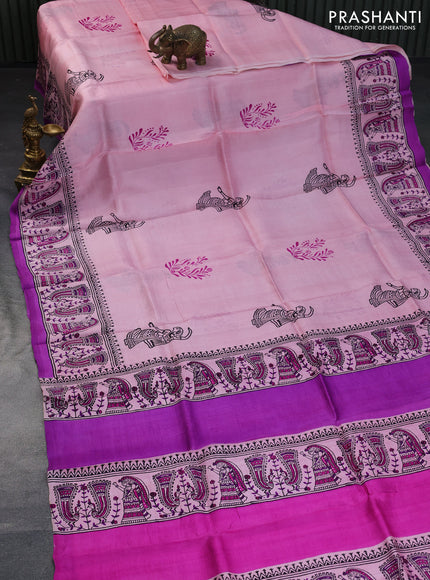 Bishnupuri silk saree light pink and purple with butta prints and printed border