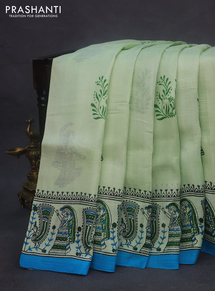 Bishnupuri silk saree pista green and cs blue with butta prints and printed border