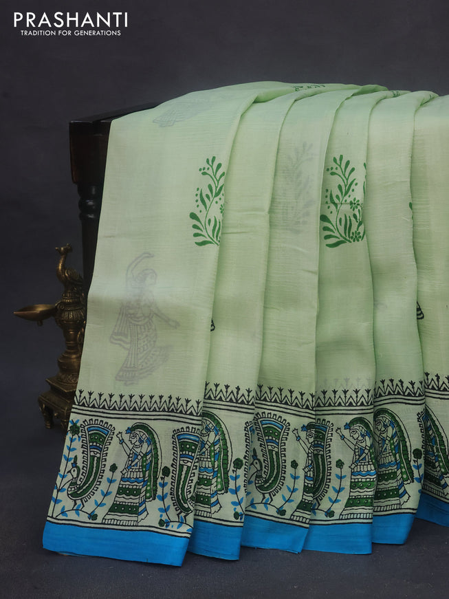 Bishnupuri silk saree pista green and cs blue with butta prints and printed border