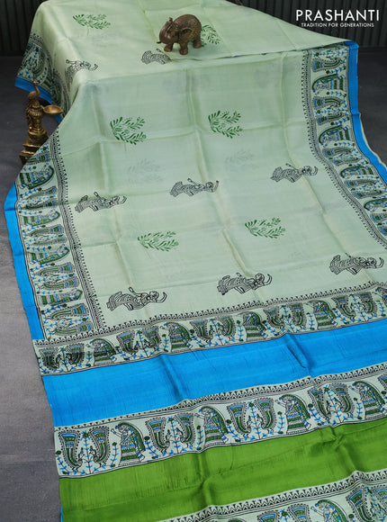 Bishnupuri silk saree pista green and cs blue with butta prints and printed border