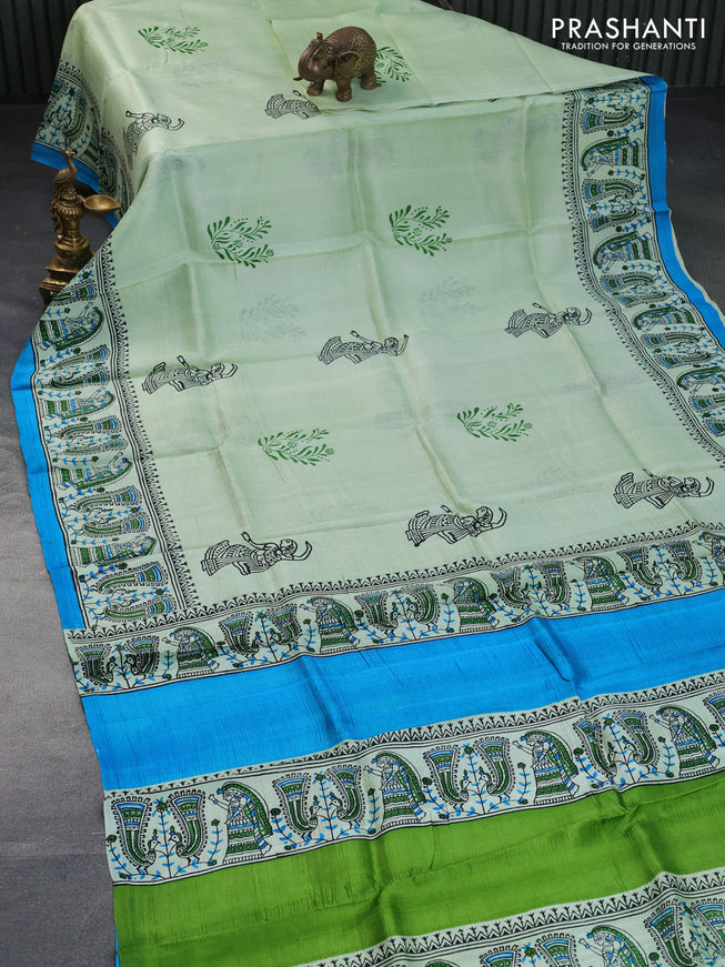 Bishnupuri silk saree pista green and cs blue with butta prints and printed border