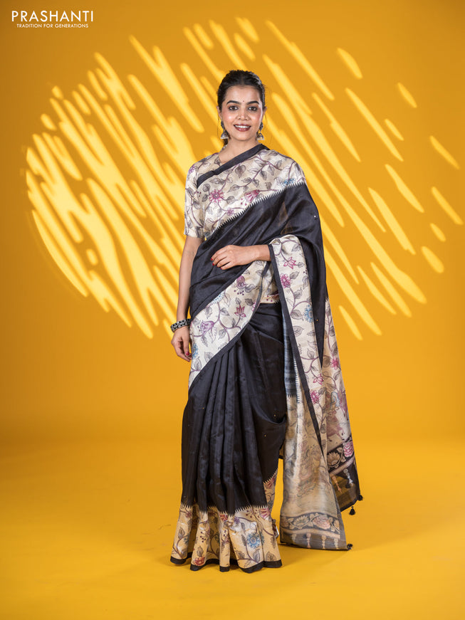 Semi tussar saree black and cream with allover mirror work and kalamkari printed border