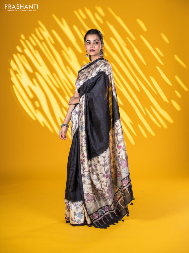 Semi tussar saree black and cream with allover mirror work and kalamkari printed border