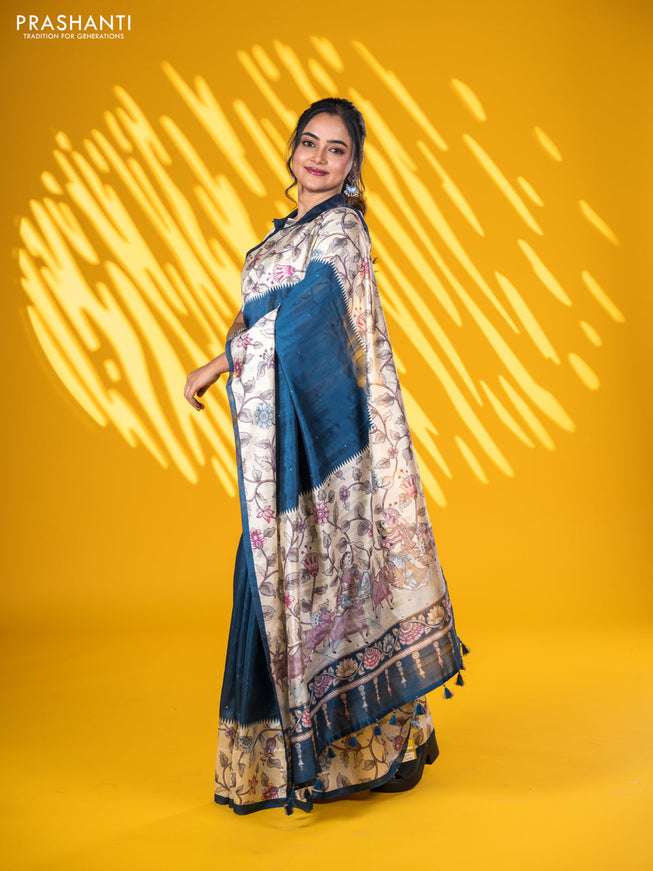 Semi tussar saree peacock blue and cream with allover mirror work and kalamkari printed border