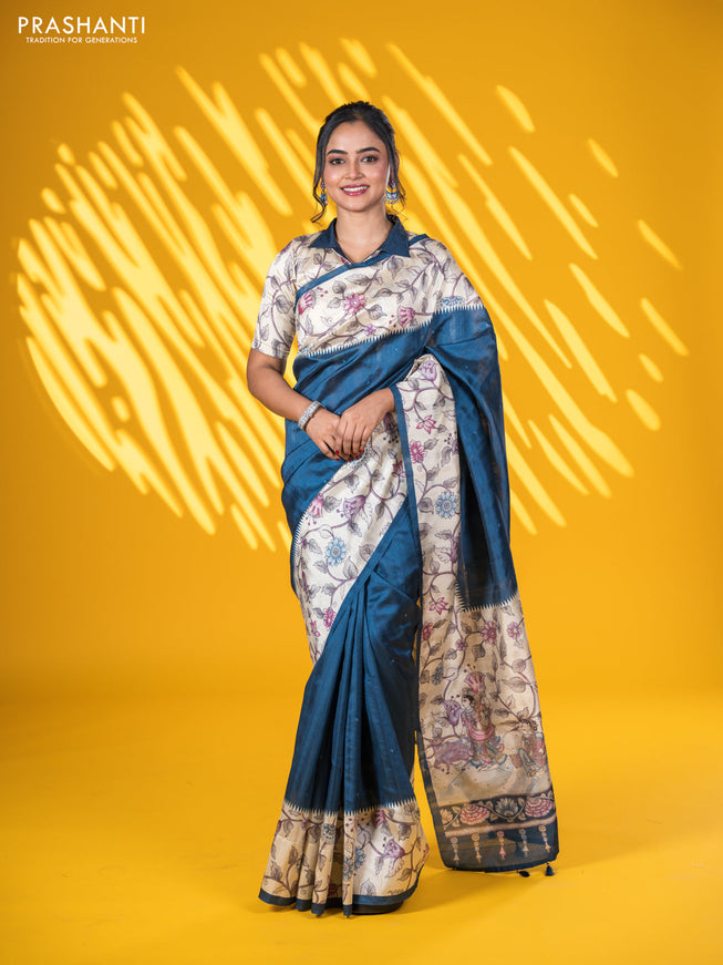 Semi tussar saree peacock blue and cream with allover mirror work and kalamkari printed border