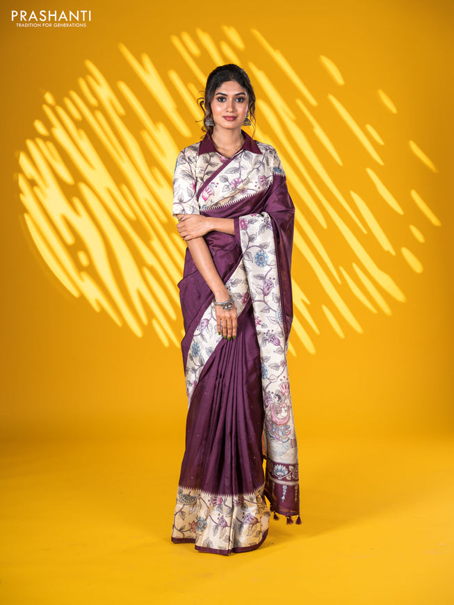 Semi tussar saree wine shade and cream with allover mirror work and kalamkari printed border