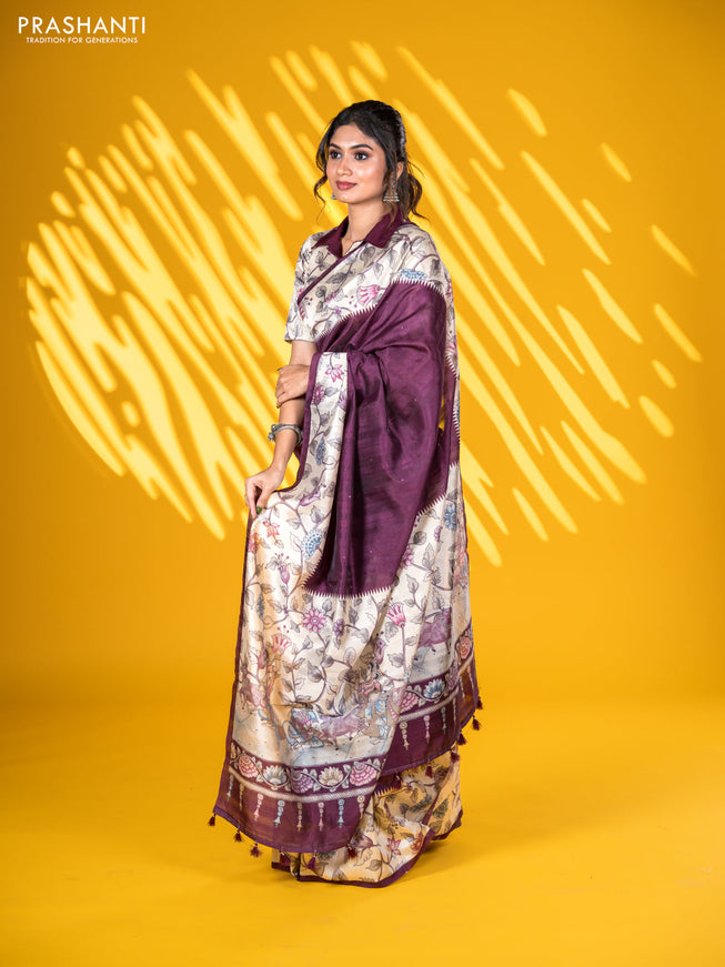 Semi tussar saree wine shade and cream with allover mirror work and kalamkari printed border