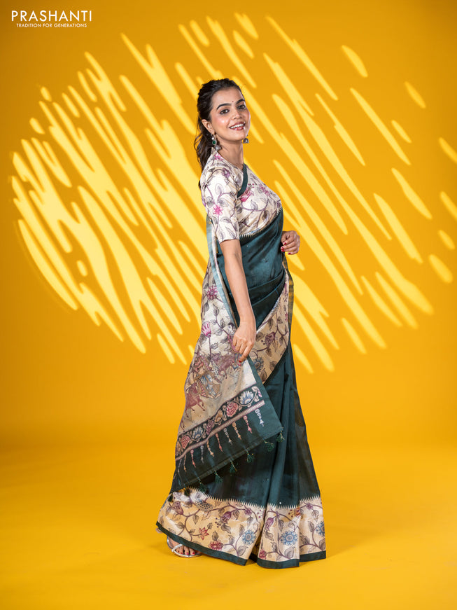 Semi tussar saree dark green and cream with allover mirror work and kalamkari printed border