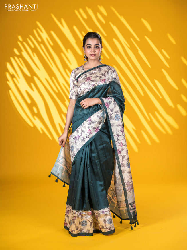 Semi tussar saree dark green and cream with allover mirror work and kalamkari printed border