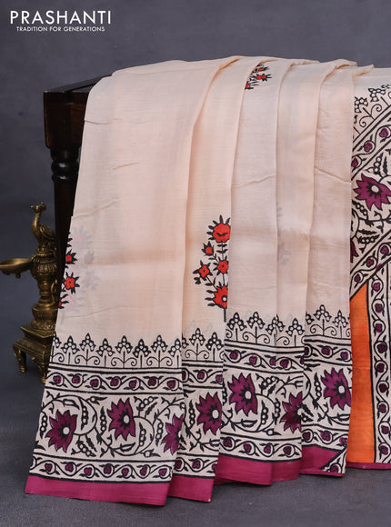 Bishnupuri silk saree cream and magenta pink with butta prints and printed border