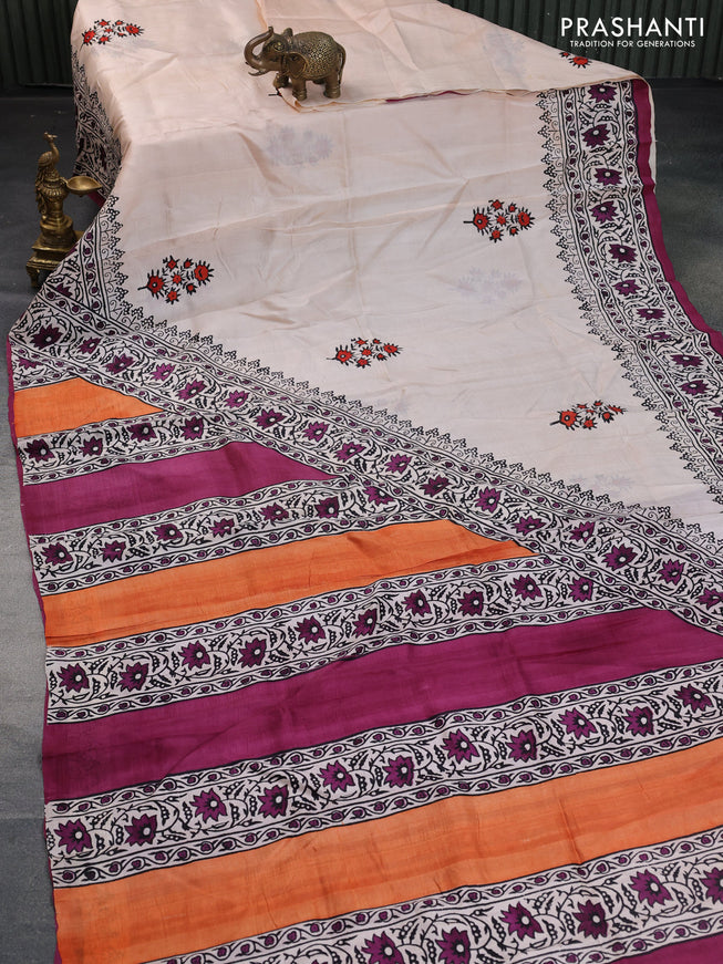 Bishnupuri silk saree cream and magenta pink with butta prints and printed border