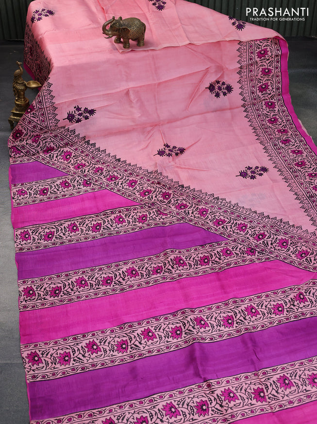 Bishnupuri silk saree light pink and pink with butta prints and printed border