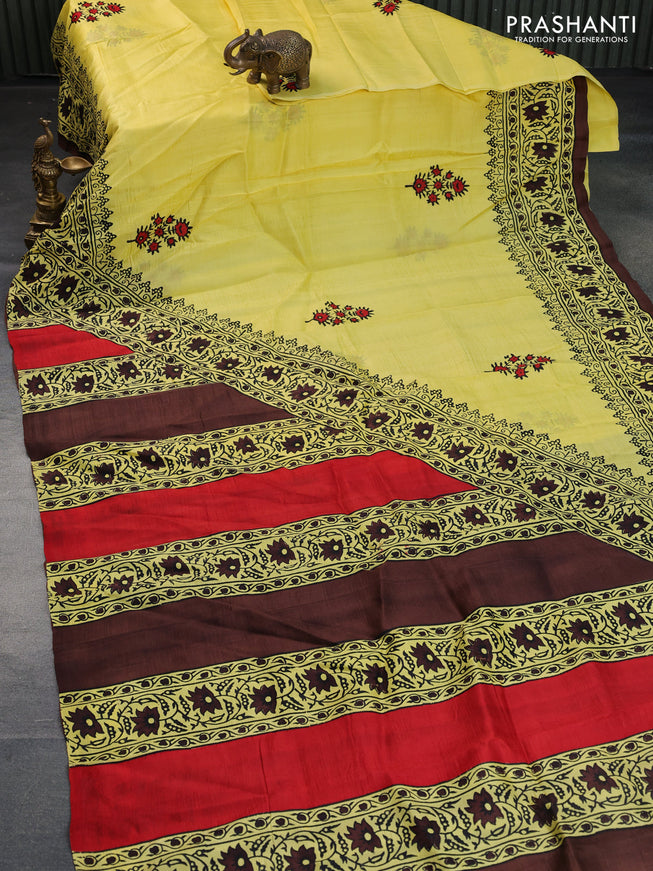 Bishnupuri silk saree yellow and brown with butta prints and printed border