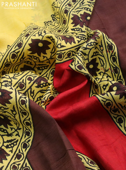 Bishnupuri silk saree yellow and brown with butta prints and printed border