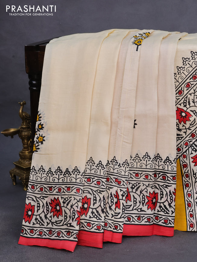 Bishnupuri silk saree cream and red with butta prints and printed border