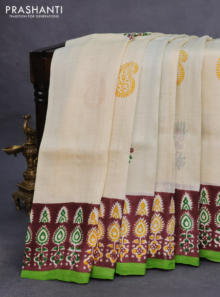 Bishnupuri silk saree cream and brown green with butta prints and printed border