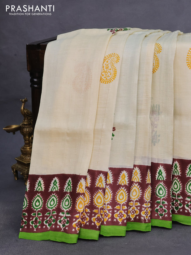 Bishnupuri silk saree cream and brown green with butta prints and printed border