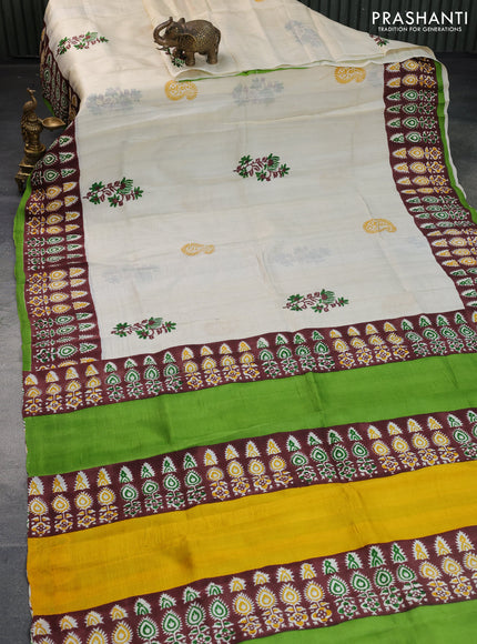 Bishnupuri silk saree cream and brown green with butta prints and printed border