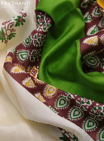 Bishnupuri silk saree cream and brown green with butta prints and printed border