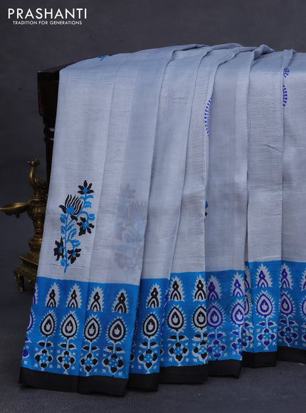 Bishnupuri silk saree pastel grey and cs blue black with butta prints and printed border