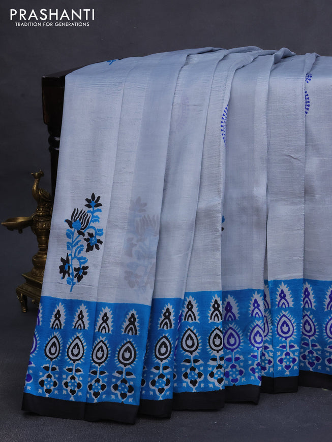 Bishnupuri silk saree pastel grey and cs blue black with butta prints and printed border