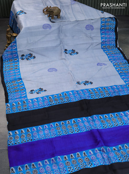 Bishnupuri silk saree pastel grey and cs blue black with butta prints and printed border