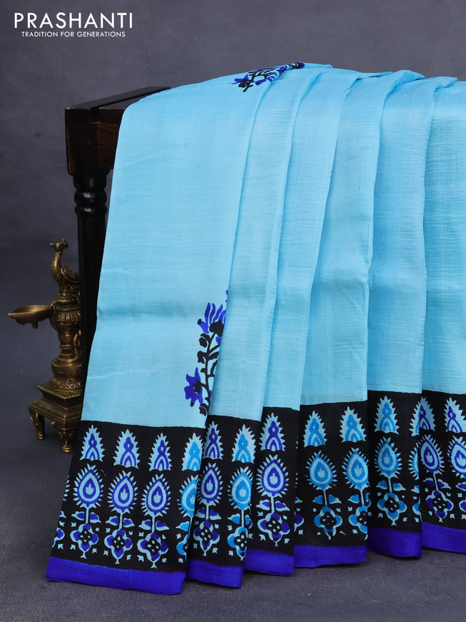 Bishnupuri silk saree light blue and black blue with butta prints and printed border