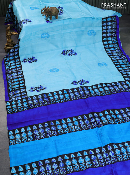 Bishnupuri silk saree light blue and black blue with butta prints and printed border