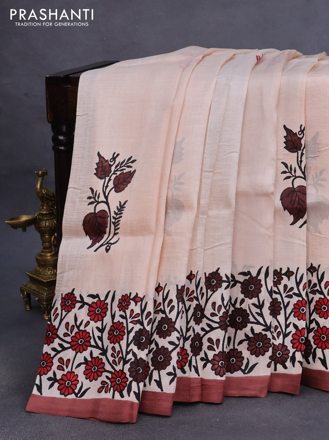 Bishnupuri silk saree mild peach and rust shade with butta prints and printed border