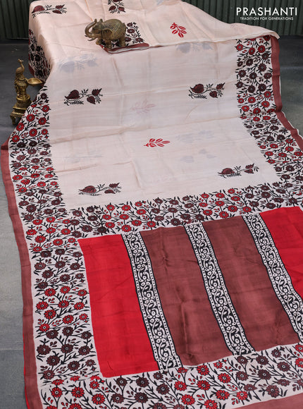 Bishnupuri silk saree mild peach and rust shade with butta prints and printed border