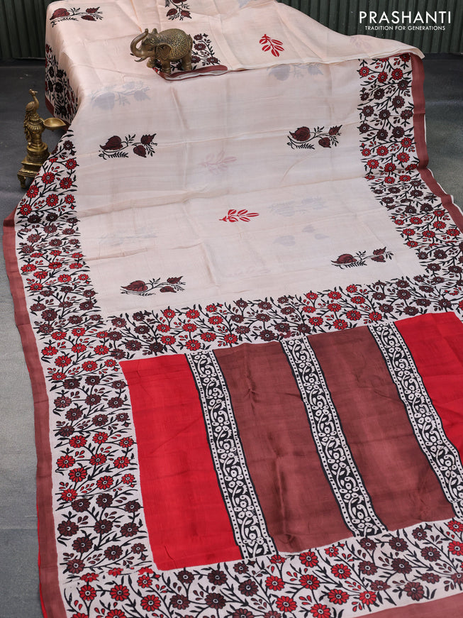 Bishnupuri silk saree mild peach and rust shade with butta prints and printed border