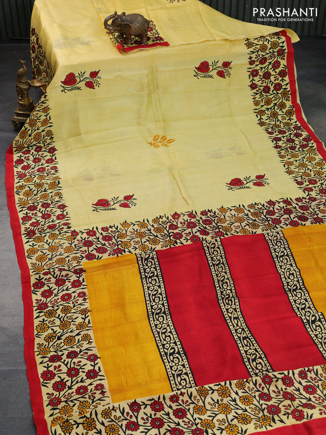 Bishnupuri silk saree yellow and red with butta prints and printed border