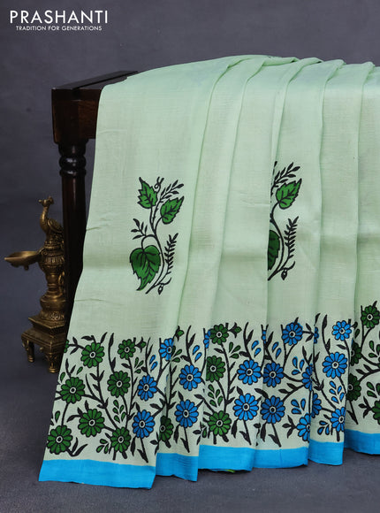 Bishnupuri silk saree pastel green and cs blue with butta prints and printed border