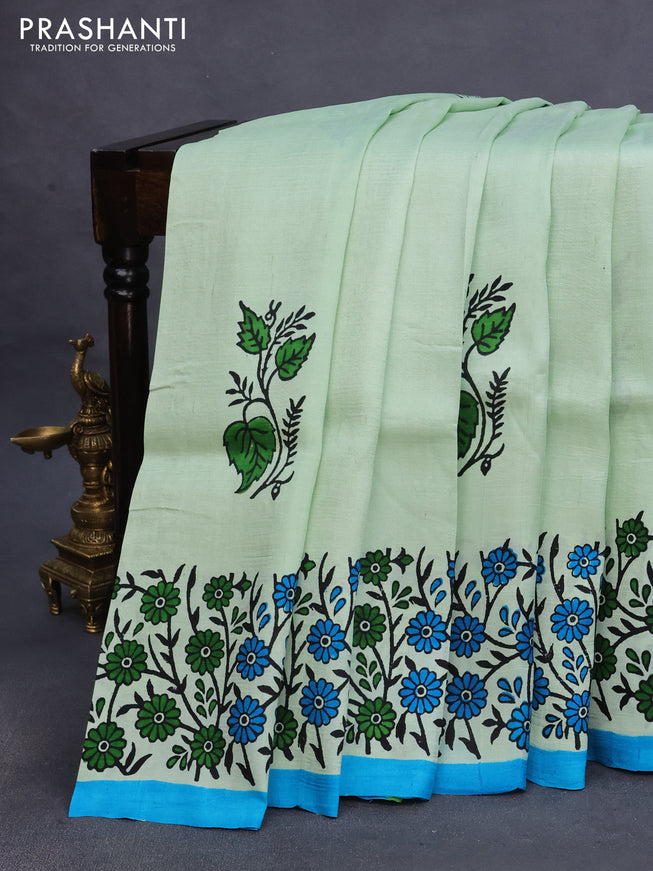 Bishnupuri silk saree pastel green and cs blue with butta prints and printed border