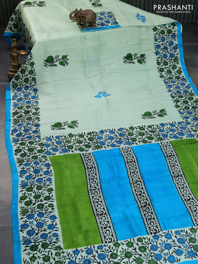 Bishnupuri silk saree pastel green and cs blue with butta prints and printed border