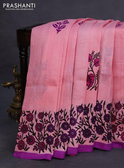 Bishnupuri silk saree peach pink and purple with butta prints and printed border