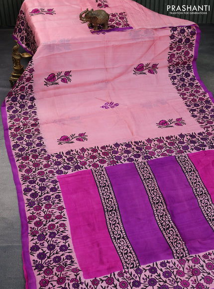 Bishnupuri silk saree peach pink and purple with butta prints and printed border