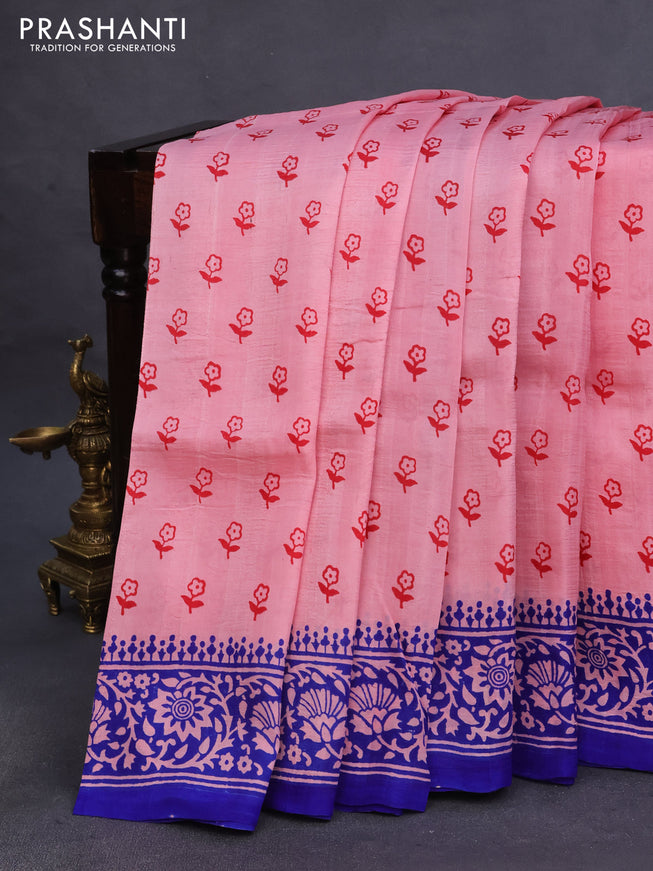 Bishnupuri silk saree peach pink and blue with floral butta prints and printed border