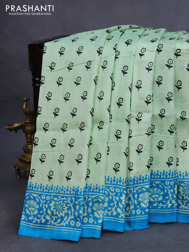 Bishnupuri silk saree pastel green and cs blue with floral butta prints and printed border