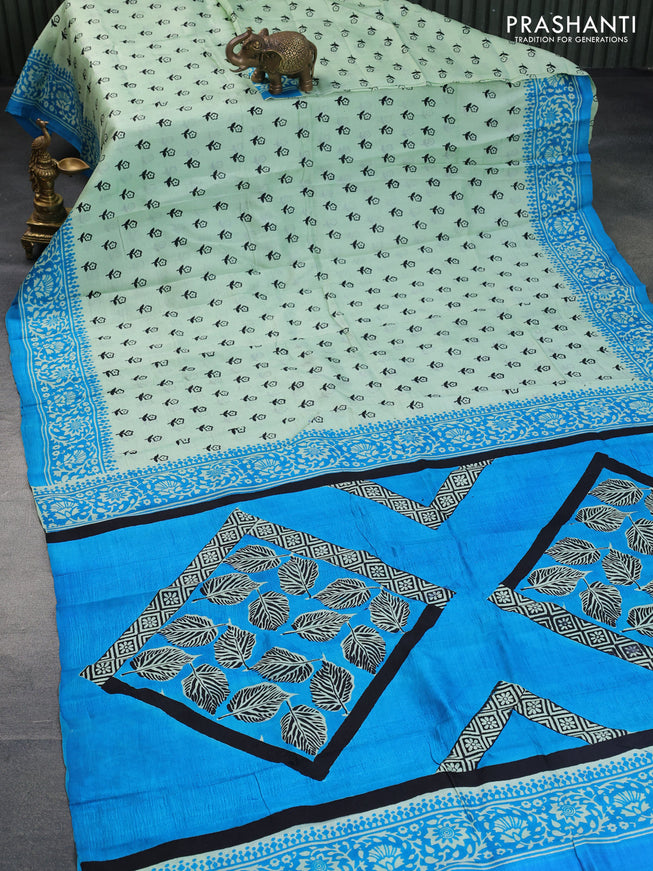 Bishnupuri silk saree pastel green and cs blue with floral butta prints and printed border