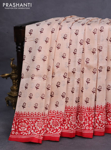 Bishnupuri silk saree mild peach and red with floral butta prints and printed border