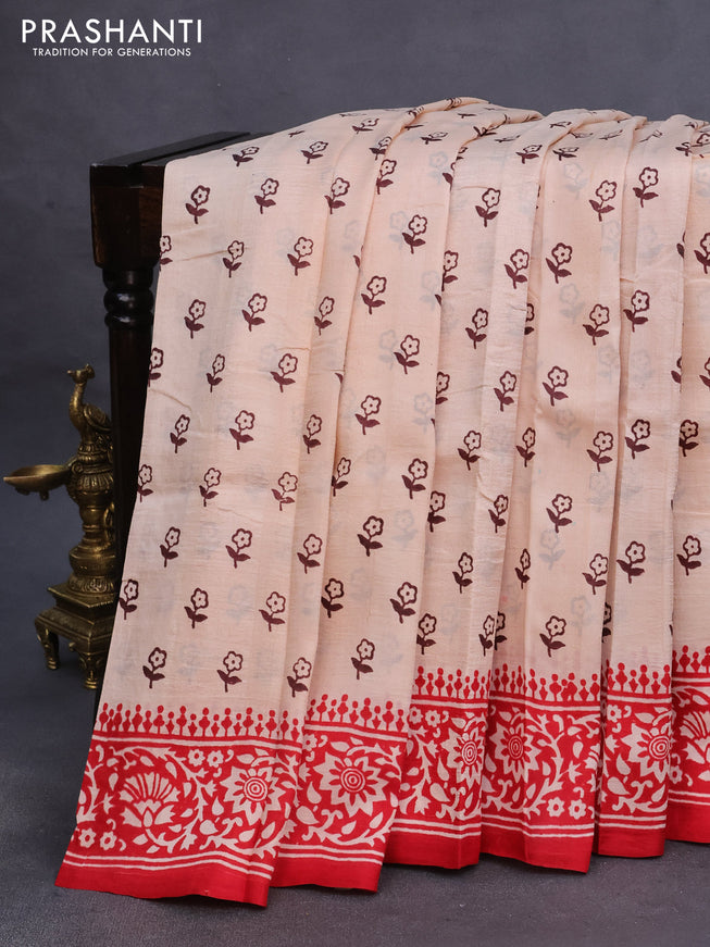 Bishnupuri silk saree mild peach and red with floral butta prints and printed border