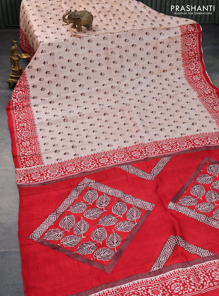 Bishnupuri silk saree mild peach and red with floral butta prints and printed border