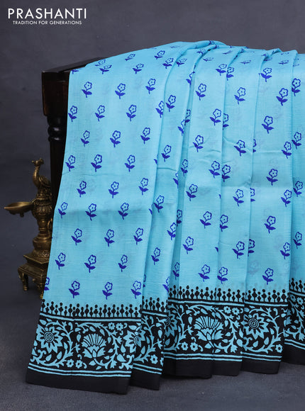 Bishnupuri silk saree light blue and black with floral butta prints and printed border