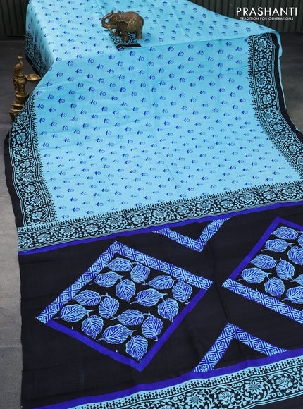 Bishnupuri silk saree light blue and black with floral butta prints and printed border