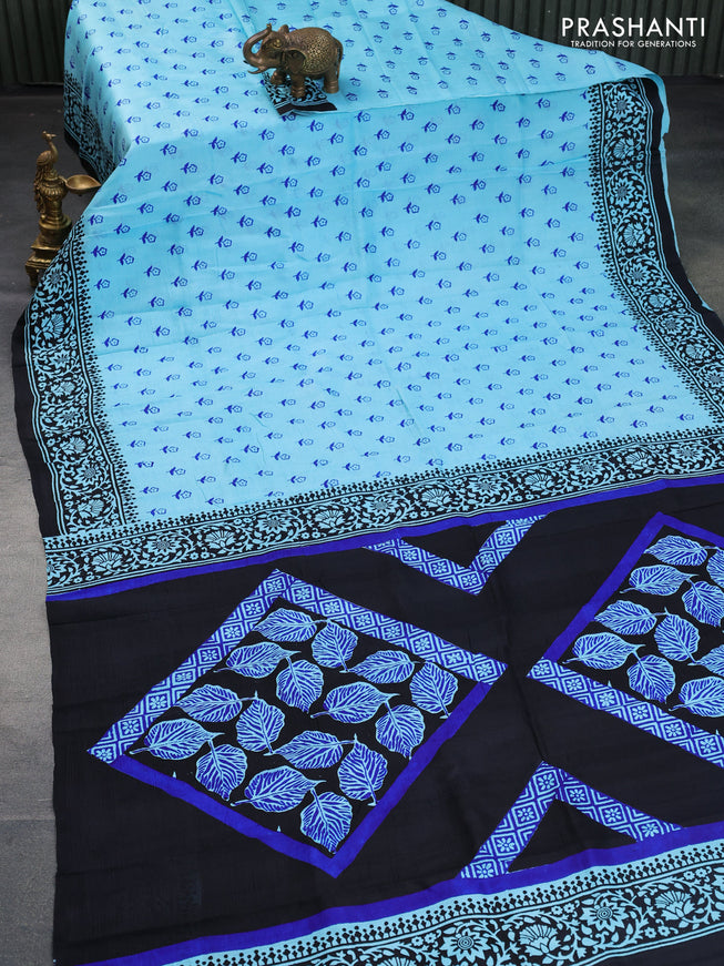 Bishnupuri silk saree light blue and black with floral butta prints and printed border